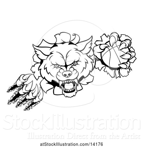 Vector Illustration of Black and White Ferocious Wolf Slashing Through a Wall with a Basketball