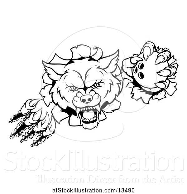 Vector Illustration of Black and White Ferocious Wolf Slashing Through a Wall with a Bowling Ball