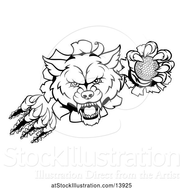 Vector Illustration of Black and White Ferocious Wolf Slashing Through a Wall with a Golf Ball