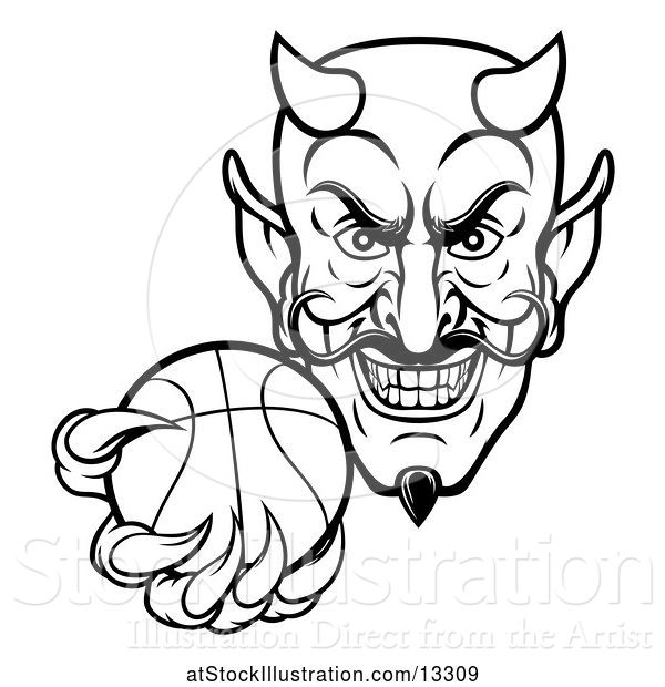 Vector Illustration of Black and White Grinning Evil Devil Holding out a Basketball in a Clawed Hand