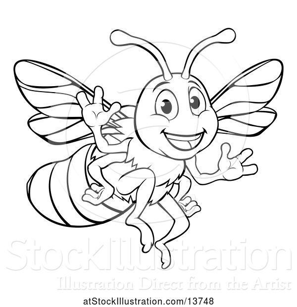 Vector Illustration of Black and White Happy Friendly Bee Mascot Waving