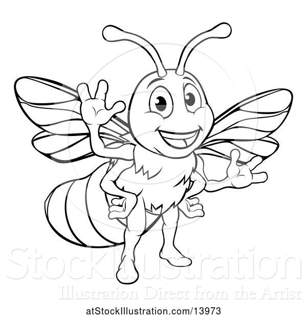 Vector Illustration of Black and White Happy Friendly Bee Mascot Waving