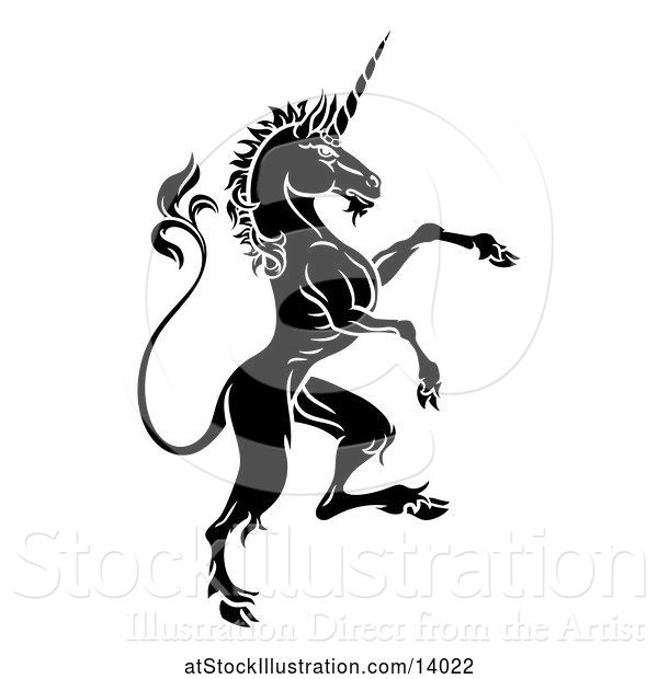 Vector Illustration of Black and White Heraldic Rampant Unicorn in Profile