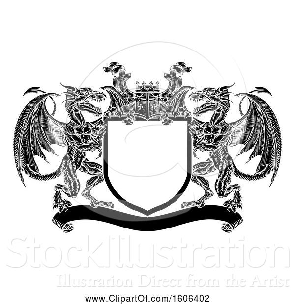 Vector Illustration of Black and White Heraldic Shield with Dragons and Knights Great Helm