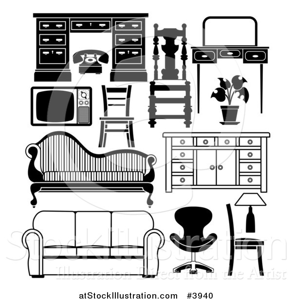 Vector Illustration of Black and White Household Furniture Pieces