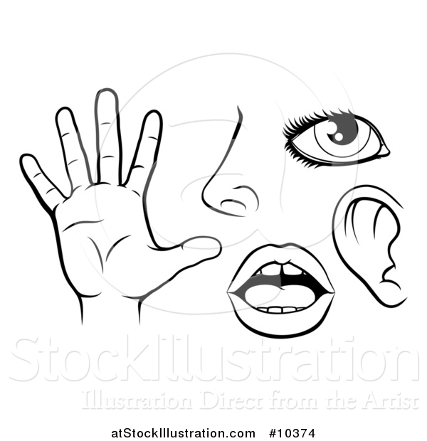 Vector Illustration of Black and White Icons of the Five Senses, Sight, Smell, Hearing, Touch and Taste