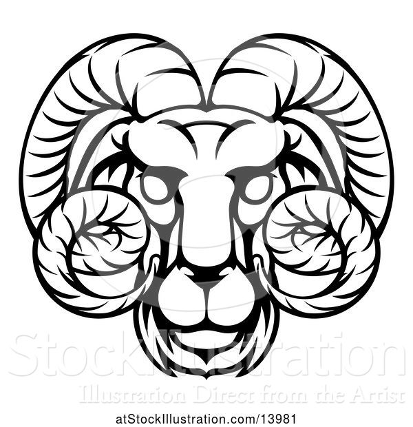 Vector Illustration of Black and White Lineart Aries Ram Astrology Zodiac Horoscope