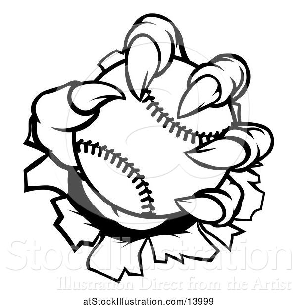 Vector Illustration of Black and White Monster Claw Holding a Baseball and Ripping Through a Wall