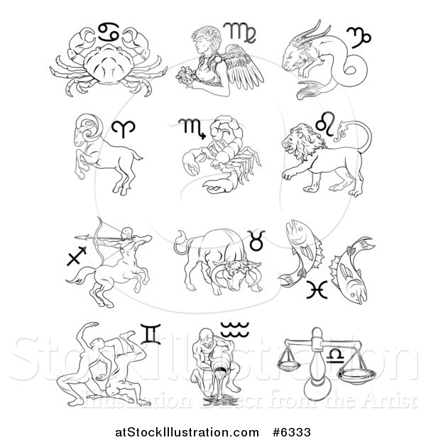 Vector Illustration of Black and White Outlined Astrology Zodiac ...