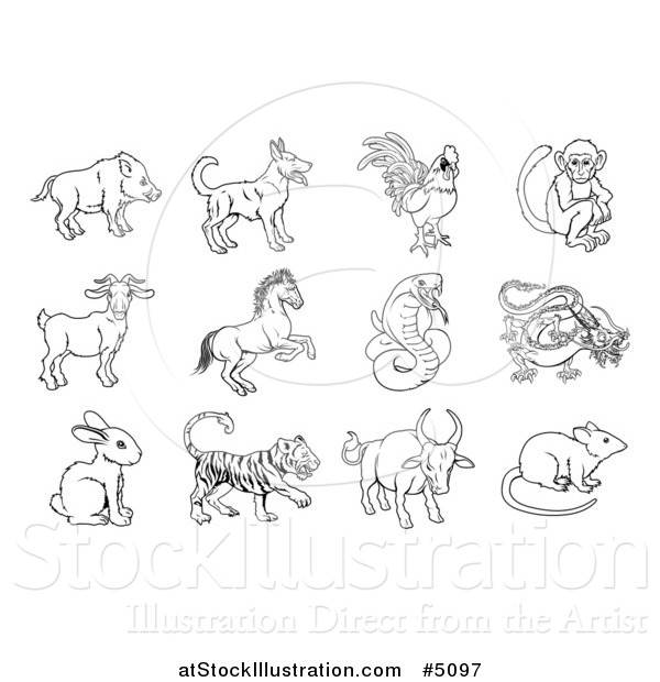 Vector Illustration of Black and White Outlined Chinese Zodiac Animals