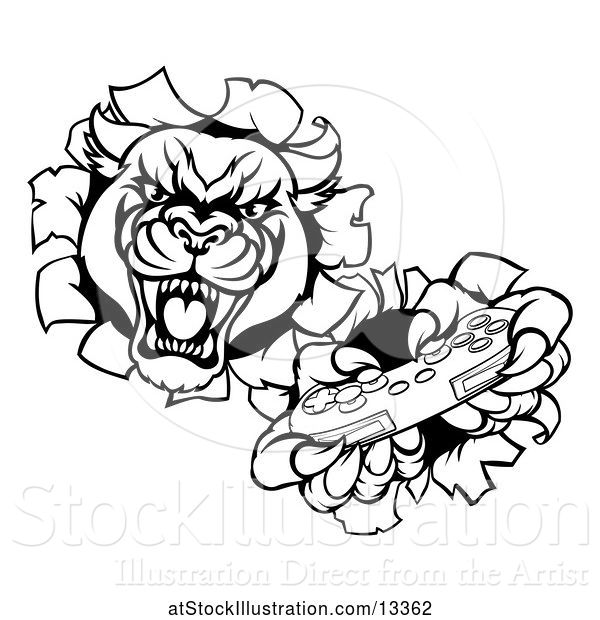 Vector Illustration of Black and White Panther Breaking Through a Wall with a Video Game Controller