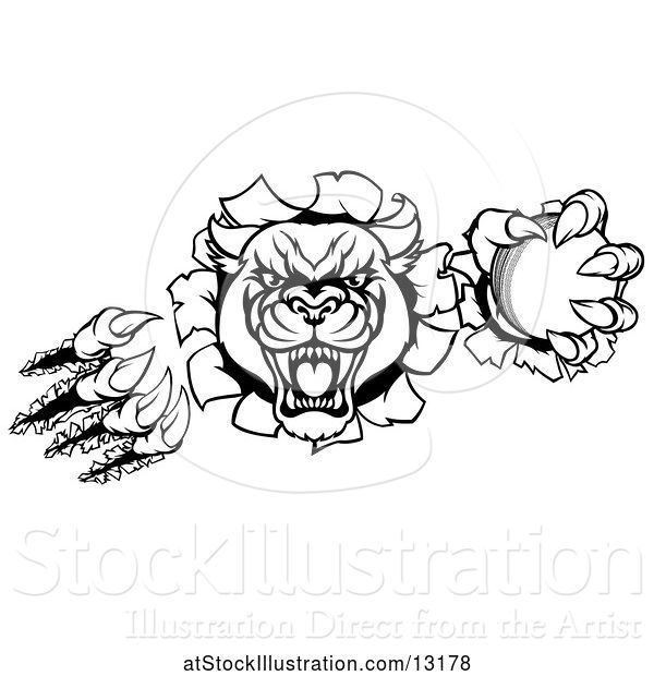 Vector Illustration of Black and White Panther Holding a Cricket Ball