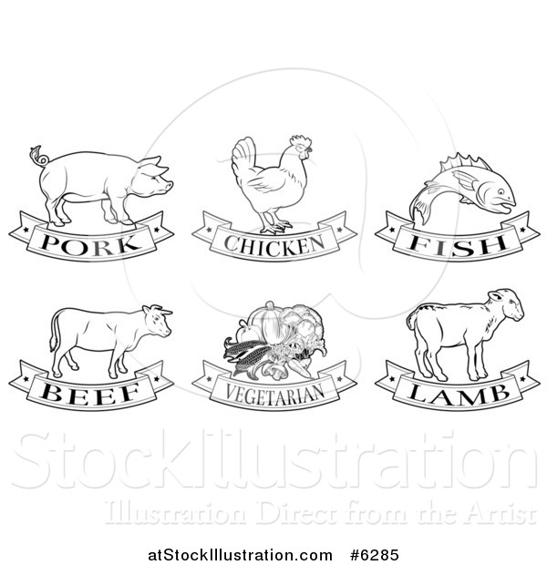 Vector Illustration of Black and White Pork, Chicken, Fish, Beef, Vegetarian and Lamb Animal and Food Designs