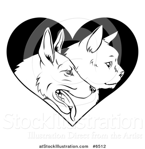 Vector Illustration of Black and White Profiled Cat and Dog Faces over a Heart