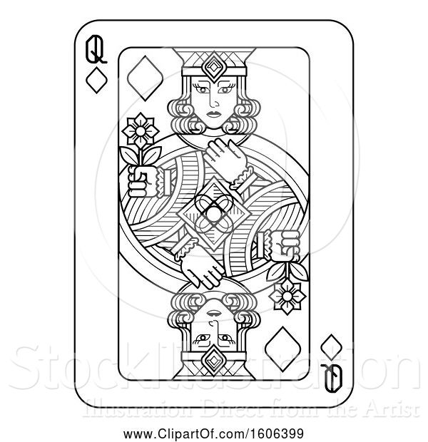 Vector Illustration of Black and White Queen of Diamonds Playing Card