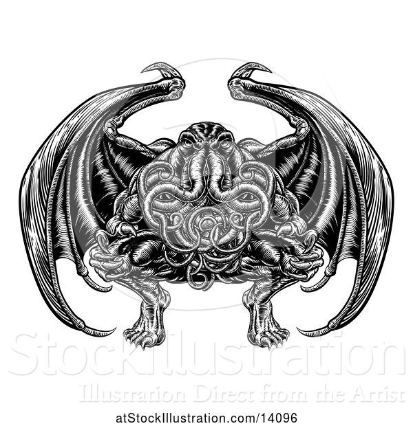 Vector Illustration of Black and White Retro Woodcut Cthulhu Octopus Monster with Wings