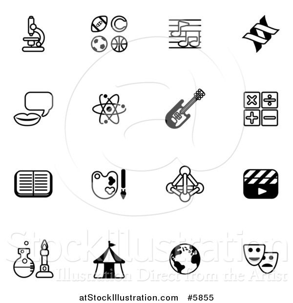 Vector Illustration of Black and White School Subject Icons