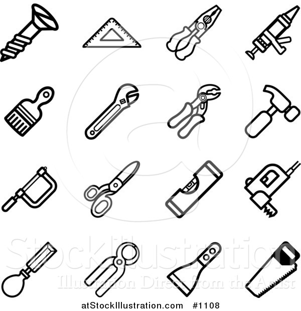 Vector Illustration of Black and White Screw, Measuring Tools, Pliers, Glue Gun, Paintbrush, Wrenches, Hammer, Saws, Scissors, Levelers, and Scraper Icons on a White Background
