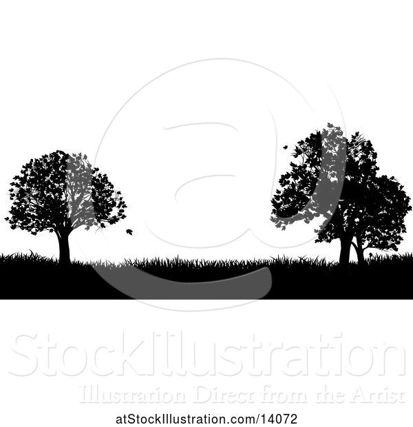 Vector Illustration of Black and White Silhouetted Grassy Field with Trees