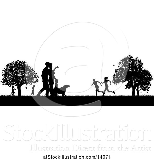 Vector Illustration of Black and White Silhouetted Park with a Dog and People, Grassy Field, and Trees