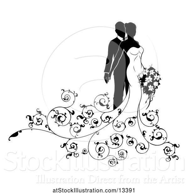 Vector Illustration of Black and White Silhouetted Posing Wedding Bride and Groom with a Bouquet