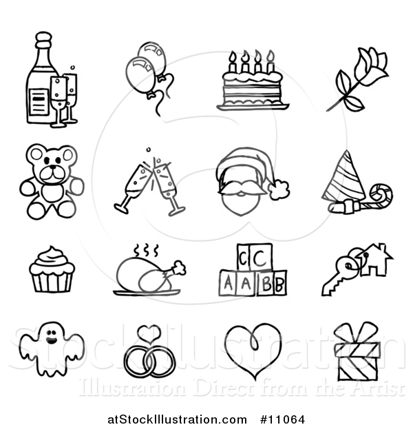 Vector Illustration of Black and White Sketched Life Event and Holiday Icons