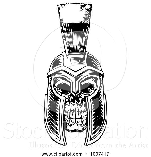 Vector Illustration of Black and White Skull Wearing a Trojan Spartan Helmet