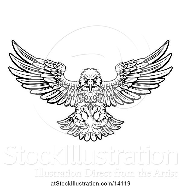 Vector Illustration of Black and White Swooping American Bald Eagle with a Baseball in His Talons