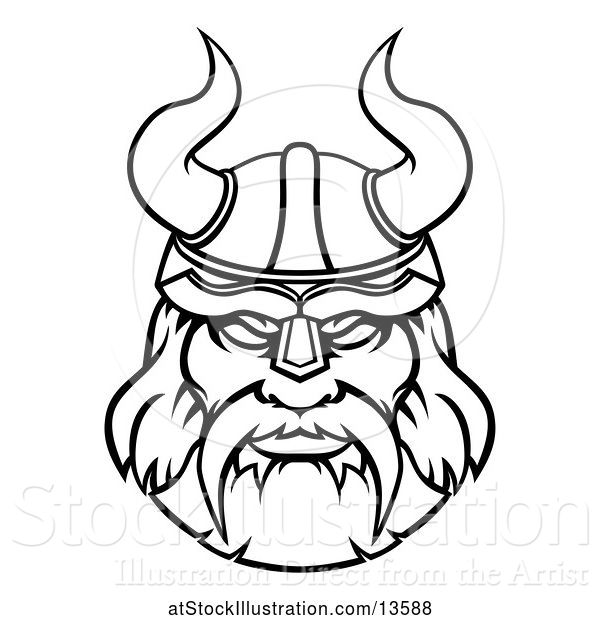 Vector Illustration of Black and White Tough Male Viking Warrior Face Wearing a Horned Helmet