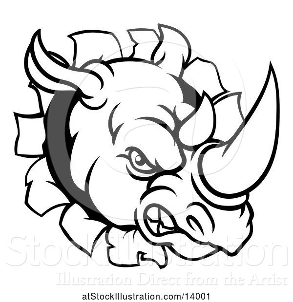 Vector Illustration of Black and White Tough Rhinoceros Sports Mascot Head Breaking Through a Wall