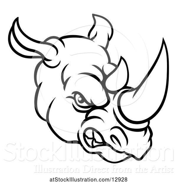 Vector Illustration of Black and White Tough Rhinoceros Sports Mascot Head