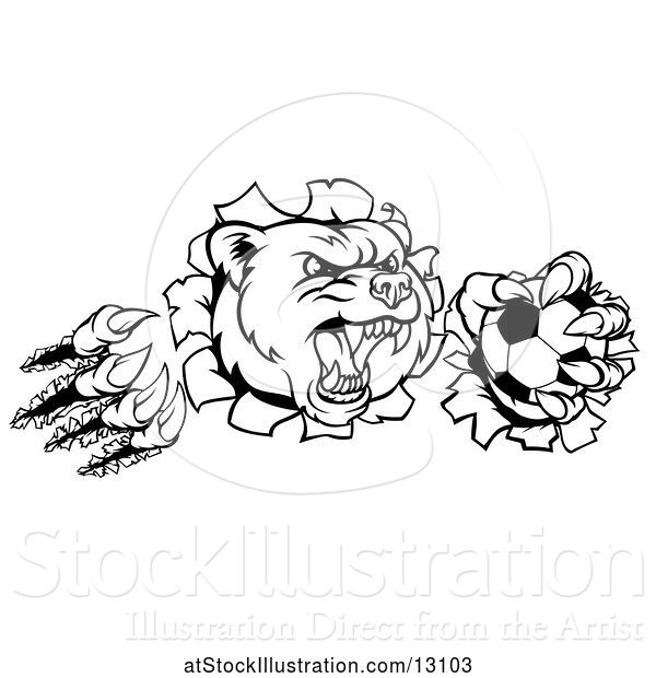 Vector Illustration of Black and White Vicious Aggressive Bear Mascot Slashing Through a Wall with a Soccer Ball in a Paw