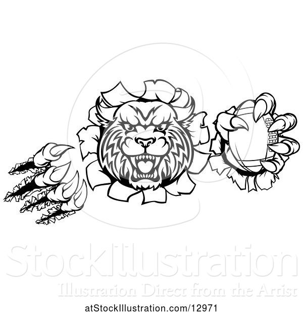 Vector Illustration of Black and White Vicious Wildcat Mascot Breaking Through a Wall with a Football