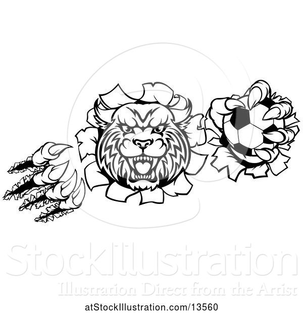 Vector Illustration of Black and White Vicious Wildcat Mascot Shredding Through a Wall with a Soccer Ball