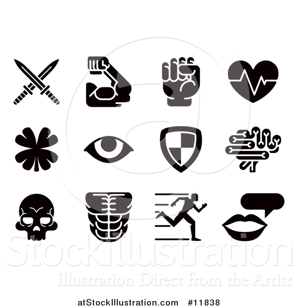 Vector Illustration of Black and White Video Game Attribute Icons