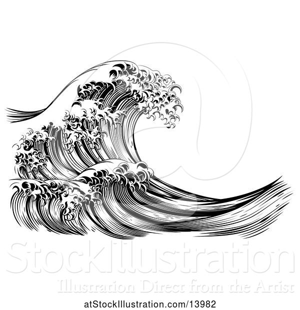 Vector Illustration of Black and White Vintage Styled Japanese Great Wave