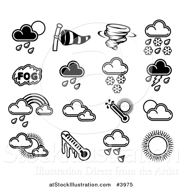 Vector Illustration of Black and White Weather Forecast Icons