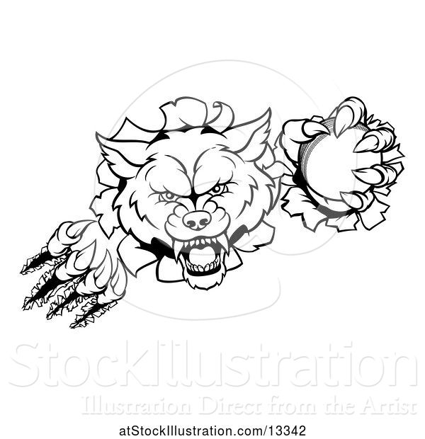 Vector Illustration of Black and White Wolf Slashing Through a Wall with a Cricket Ball
