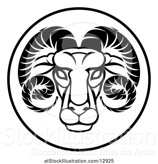 Vector Illustration of Black and White Zodiac Horoscope Astrology Aries Ram Circle Design