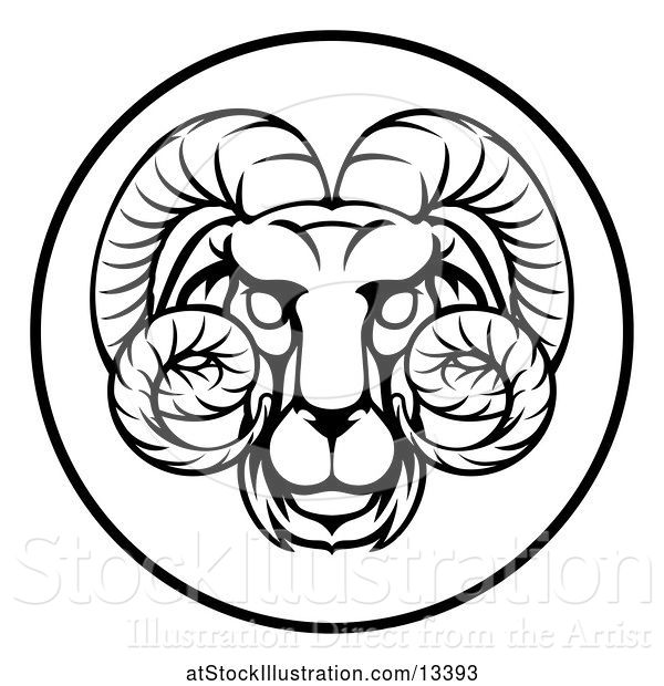 Vector Illustration of Black and White Zodiac Horoscope Astrology Aries Ram Circle Design