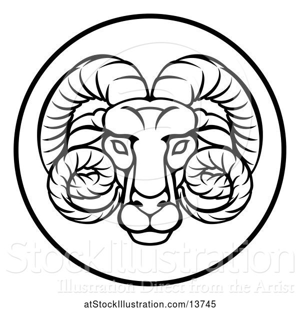 Vector Illustration of Black and White Zodiac Horoscope Astrology Aries Ram Circle Design