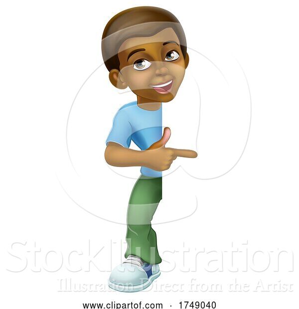 Vector Illustration of Black Boy Child Kid Pointing Sign