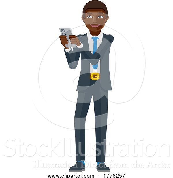 Vector Illustration of Black Businessman Holding Phone Mascot