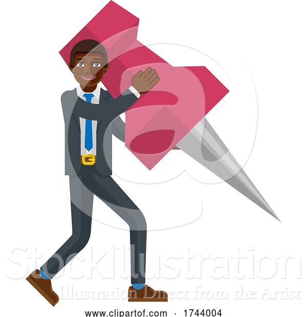 Vector Illustration of Black Businessman Holding Thumb Tack Pin Mascot