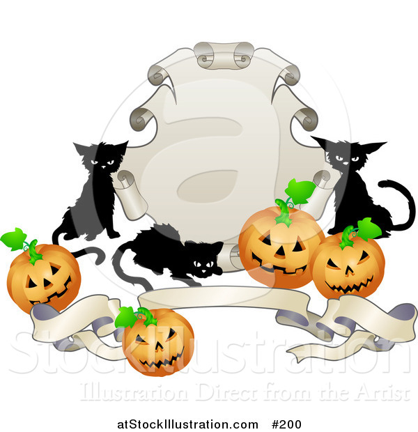 Vector Illustration of Black Cats and Halloween Pumpkins Around a Shield and Banner