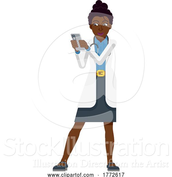 Vector Illustration of Black Doctor Lady Mobile Phone Character
