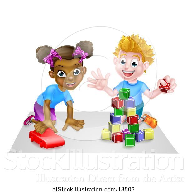 Vector Illustration of Black Girl and White Boy Playing with a Toy Car and Blocks