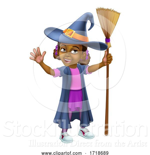 Vector Illustration of Black Girl Child Halloween Witch Costume