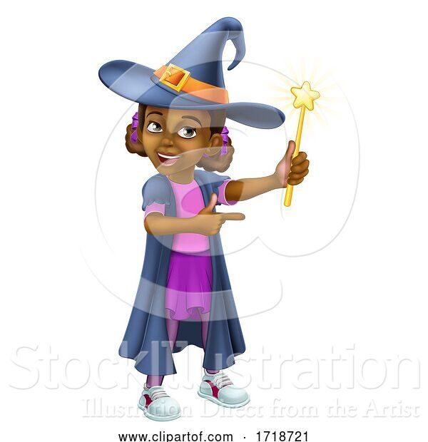 Vector Illustration of Black Girl Child Halloween Witch Costume