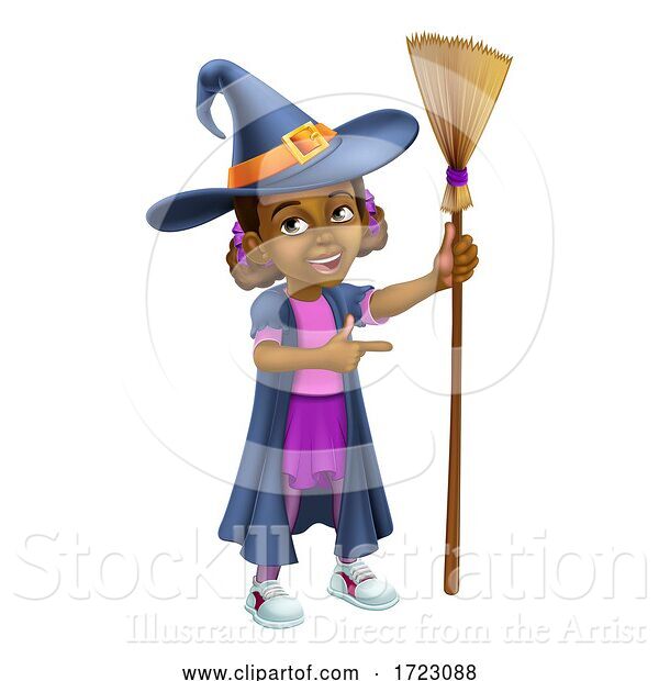 Vector Illustration of Black Girl Child Halloween Witch Pointing